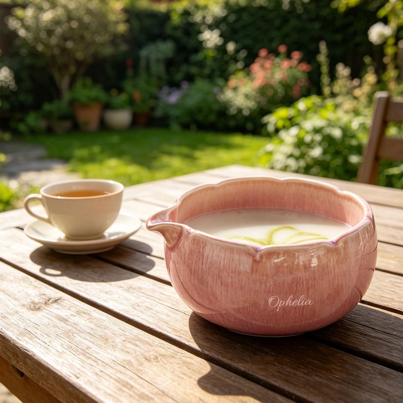 May include: A light pink ceramic bowl with a scalloped rim and a small pouring spout, featuring the name Ophelia in white script. Beside it sits a small white ceramic teacup on a matching saucer, both resting on a wooden surface.