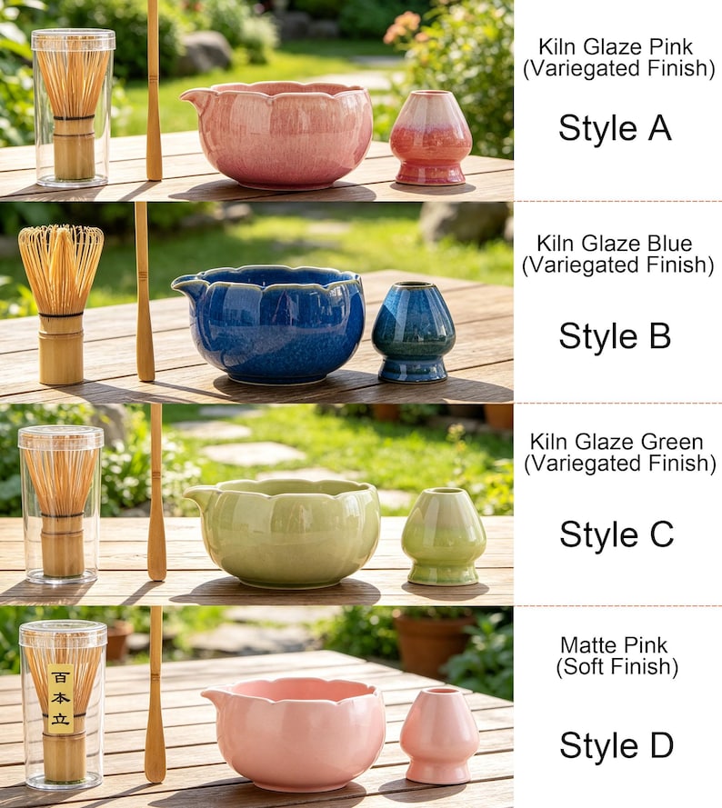 May include: A matcha tea set featuring a bamboo whisk in a clear case, a bamboo scoop, a scalloped ceramic bowl, and a whisk holder. Four variations are shown: Kiln Glaze Pink, Kiln Glaze Blue, Kiln Glaze Green, and Matte Pink, labeled Style A to D.