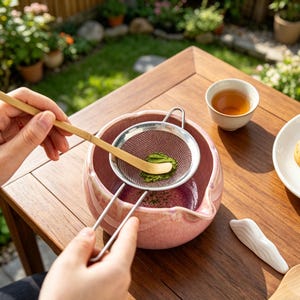 May include: A pink ceramic matcha bowl with a pouring spout, a stainless steel fine mesh strainer, and a bamboo tea scoop. The scoop is pressing green matcha powder through the strainer into the bowl. A small white tea cup and a white ceramic rest are nearby.