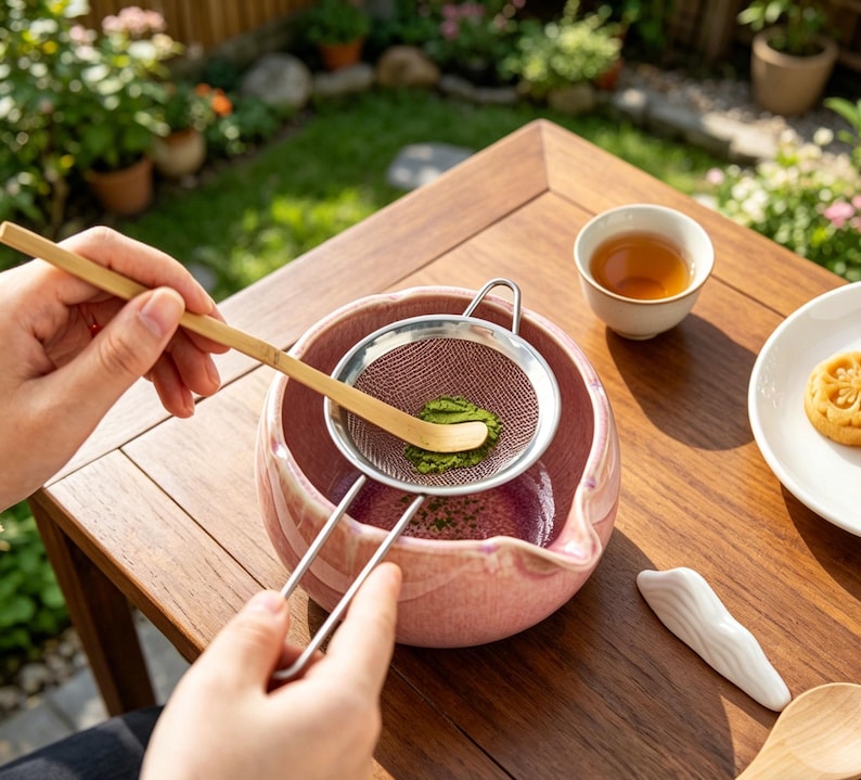 May include: A pink ceramic matcha bowl with a pouring spout, a stainless steel fine mesh strainer, and a bamboo tea scoop. The scoop is pressing green matcha powder through the strainer into the bowl. A small white tea cup and a white ceramic rest are nearby.