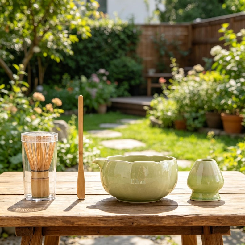 May include: A matcha tea set consisting of a bamboo whisk inside a clear cylindrical case, a long bamboo scoop, a light green ceramic bowl with a scalloped rim and the name Ethan printed on the side, and a light green ceramic whisk holder.