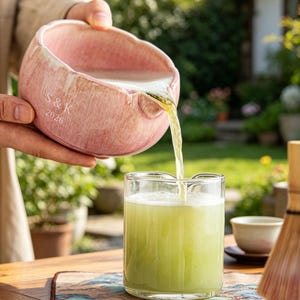 May include: A pink ceramic bowl with a spout, featuring the engraved text S&K 2026, pouring a light green liquid into a clear glass cup. The bowl has a textured, mottled finish and a rounded shape, while the glass cup contains a frothy green beverage.
