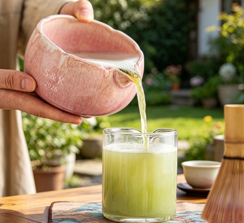 May include: A pink ceramic bowl with a spout, featuring the engraved text S&K 2026, pouring a light green liquid into a clear glass cup. The bowl has a textured, mottled finish and a rounded shape, while the glass cup contains a frothy green beverage.