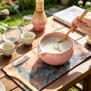May include: A pink ceramic tea bowl with a spout containing frothy green tea, accompanied by a bamboo whisk, a bamboo scoop, a metal strainer, several small white tea cups, and a rectangular mat featuring a landscape print on a wooden table.