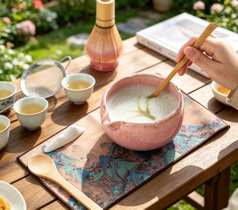 May include: A pink ceramic tea bowl with a spout containing frothy green tea, accompanied by a bamboo whisk, a bamboo scoop, a metal strainer, several small white tea cups, and a rectangular mat featuring a landscape print on a wooden table.