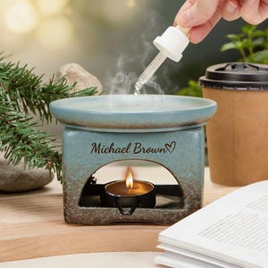 Handcrafted Green Ceramic Aroma Oil Burner,Custom Engraved Tea Warmer,Personalized Aromatherapy Gift,Valentine Day Gift,Handmade Home Decor