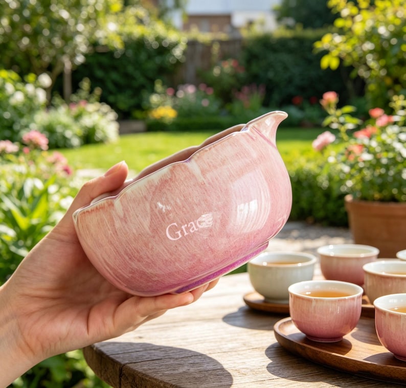 May include: A pink ceramic tea bowl with a scalloped rim and a glossy, marbled finish. The word Grace is printed in white on the side of the bowl. The bowl features a small pouring spout and is held against a blurred outdoor garden background.