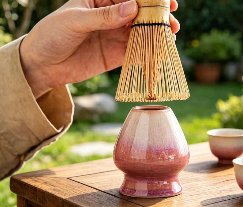 May include: A bamboo matcha whisk with thin, light-colored bristles held above a ceramic matcha bowl. The bowl features a smooth, glossy finish with a gradient transition from a creamy white top to a deep, vibrant pink base with a wide rim.
