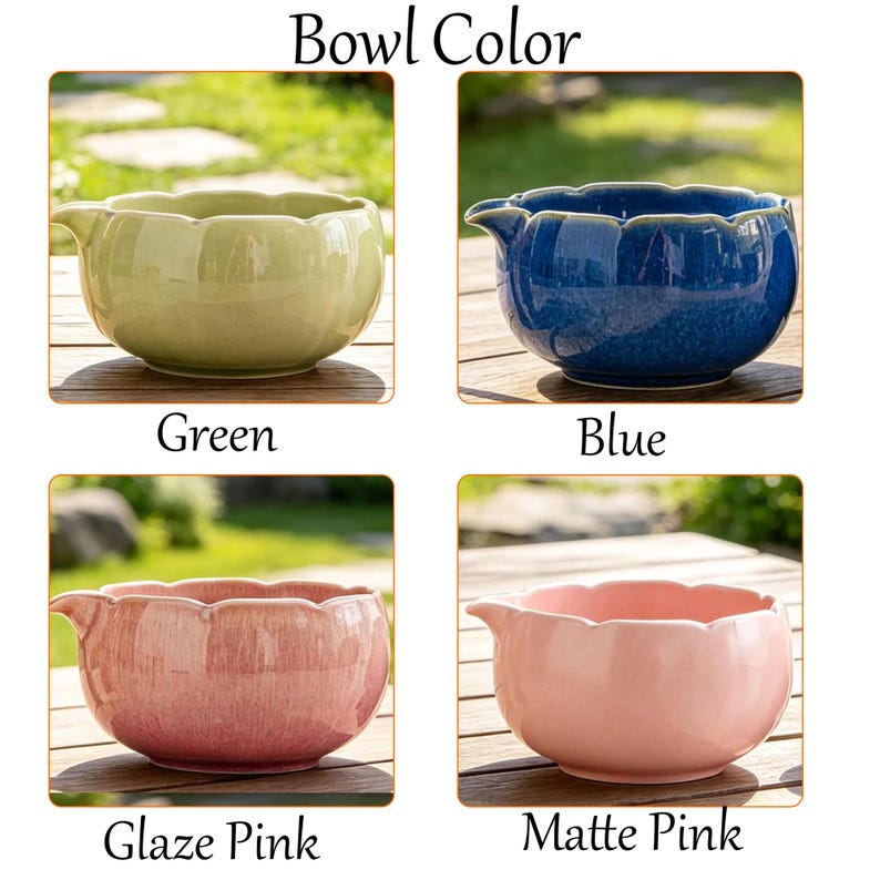 May include: A grid of four ceramic bowls with scalloped rims and pouring spouts. The colors are labeled as Green, Blue, Glaze Pink, and Matte Pink. Each bowl features a smooth, rounded body and is presented in a clear, side-by-side display format.