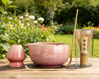 Juego de cuencos de matcha personalizados, chawan de cerámica con grabado personalizado, kit para la ceremonia del té japonés, set de regalo minimalista de matcha, regalo único para los amantes del té.