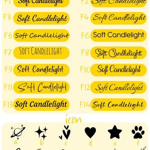 May include: A chart displaying fourteen font styles labeled F1 through F14, each showing the text Soft Candlelight in black on yellow rounded rectangles. Below, twelve black icons labeled a through l include stars, hearts, a paw, and a moon.