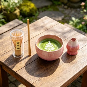 May include: A bamboo matcha whisk inside a clear cylindrical case with a yellow label featuring black Japanese text, a bamboo scoop, a pink ceramic bowl with a scalloped rim containing green matcha tea with white latte art, and a pink whisk holder.