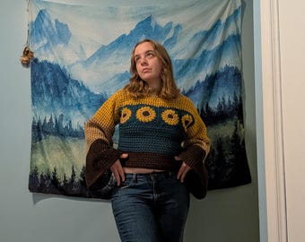 Crocheted Sunflower Sweater - Retro Bell Sleeve Top