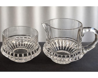 Juego de jarro para crema y azucarero de cristal tallado transparente vintage con diseño de rayos de sol y huella dactilar.