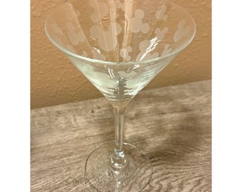Disney Mickey Mouse Etched Martini Glass Clear Frosted Icon Barware Cocktail