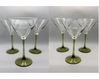 Set of 6 Martini Glasses Olive Green Stem Clear Bowl Mid Century Modern Style