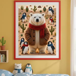 May include: A framed print featuring a polar bear wearing a brown jacket and red scarf, surrounded by penguins in scarves and cacti. The artwork has a red frame and is displayed in a child's bedroom. A polar bear and penguin plush toys are on the bed.