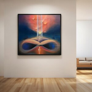 May include: A framed abstract painting with a surreal landscape. The artwork features a figure at the bottom, leading up to an infinity symbol and a bright, colorful sky with a vertical light beam. The color palette includes blues, oranges, and yellows.