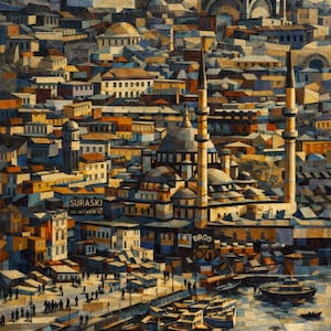 May include: An artistic rendering of a cityscape featuring mosques with domes and minarets, buildings, and boats on the water. The color palette includes blues, yellows, and browns. The image has a textured, mosaic-like appearance. The word "SURASKI" is visible on a sign.