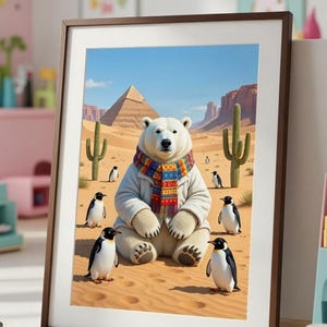 May include: A framed art print depicting a polar bear in a coat and scarf, with penguins in a desert setting, including cacti and a pyramid. The image has a whimsical, colourful style.