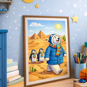 May include: Framed artwork depicting a polar bear and two penguins in a desert landscape with pyramids. The polar bear wears a blue coat and scarf, the penguins wear scarves. The background shows a sunny desert scene.