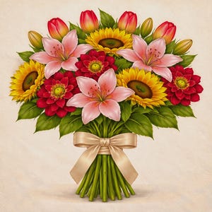 Könnte beinhalten: Ein lebendiger Blumenstrauß mit rosa Lilien, gelben Sonnenblumen, roten Tulpen und roten Dahlien. Der Strauß ist mit einem beigen Band und grünen Stielen gebunden und schafft ein farbenfrohes Arrangement.