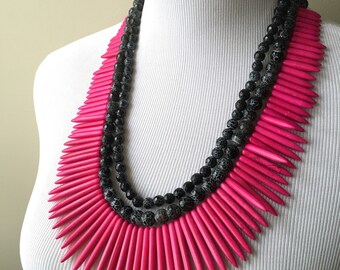 Pink and Black Triple Strand Statement Necklace - Pink Turquoise Spike and Black Faceted Agate Statement Necklace - Bianca Collection