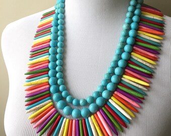 Funfetti Necklace - Turquoise and Multi Colored Spike Necklace - Colorful Turquoise Statement Necklace - Bianca Necklace