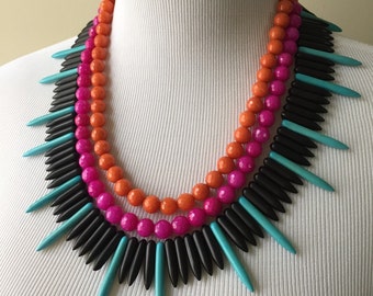 Pink, Orange, Turquoise and Black Triple Strand Statement Necklace - Turquoise Spike and Faceted Agate Statement Necklace Bianca Collection