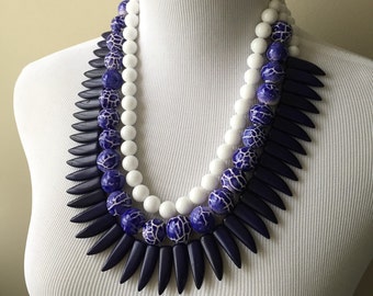 Blue and White Beaded Triple Strand Statement Necklace - White and Navy Blue Nautical Statement Necklace - Bianca Collection