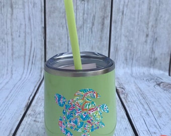 Sea Turtle Wine Tumbler - Lime 12oz Double Wall Stainless Steel Wine Tumbler - Sea Turtle Lilly Inspired Wine Tumbler with Straw and Lid