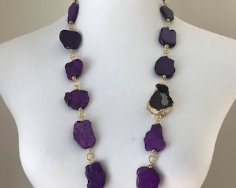 Purple, Black and Gold Agate Druzy Statement Necklace - Serena Van Der Woodsen Inspired Necklace - Gossip Girl Necklace - Boho Collection