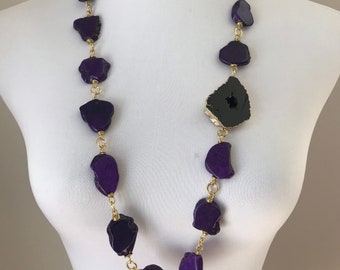 Purple, Black and Gold Agate Druzy Statement Necklace - Serena Van Der Woodsen Inspired Necklace - Gossip Girl Necklace - Boho Collection