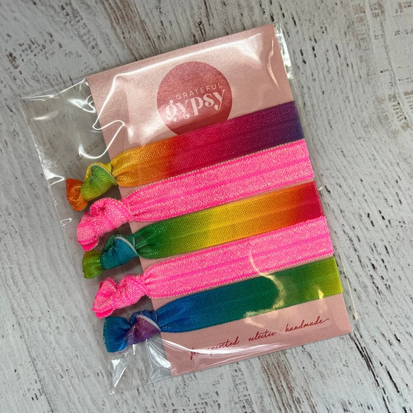 Tie Dye Rainbow Colored and Pink Glitter Hair Elastics, Rainbow and Glitter Knotted Elastic Hair Ribbons, Set of 5, Mermaid Hair Ribbons