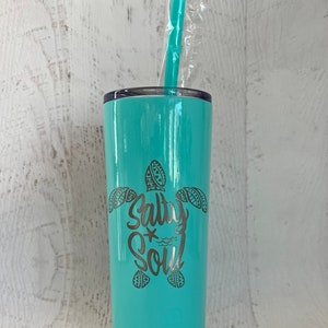 Salty Soul Tumbler with Lid and Straw, Turtle 20oz Insulated Skinny Stainless Steel Tumbler, Salty Soul Turtle Beach Wave Tumbler Starfish image 1