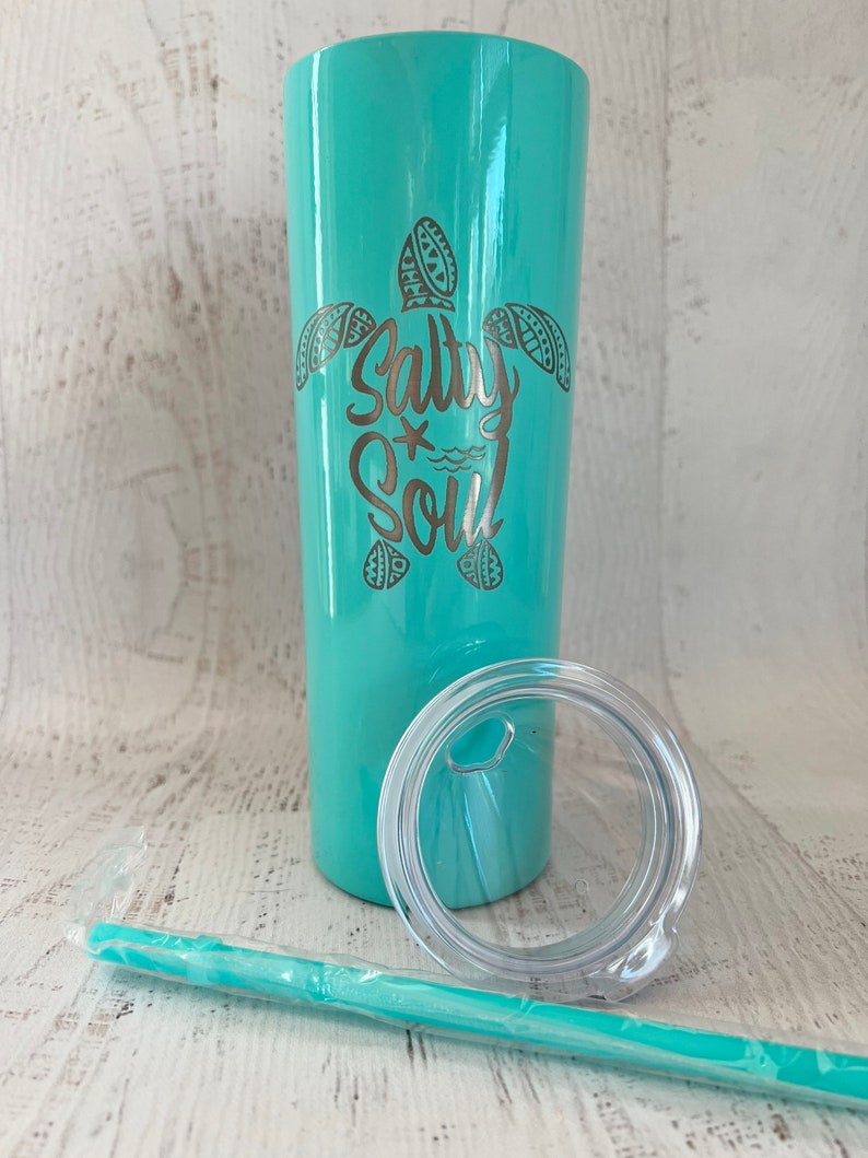 Salty Soul Tumbler with Lid and Straw, Turtle 20oz Insulated Skinny Stainless Steel Tumbler, Salty Soul Turtle Beach Wave Tumbler Starfish image 7