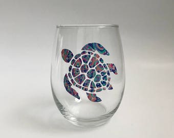 Sea Turtle Stemless Wine Glass - 15oz Stemless Wine Glass -  Sea Life Wine Glass