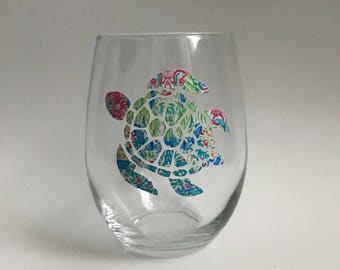 Sea Turtle Stemless Wine Glass - 15oz Stemless Wine Glass -  Sea Life Wine Glass