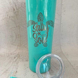 Salty Soul Tumbler with Lid and Straw, Turtle 20oz Insulated Skinny Stainless Steel Tumbler, Salty Soul Turtle Beach Wave Tumbler Starfish image 9