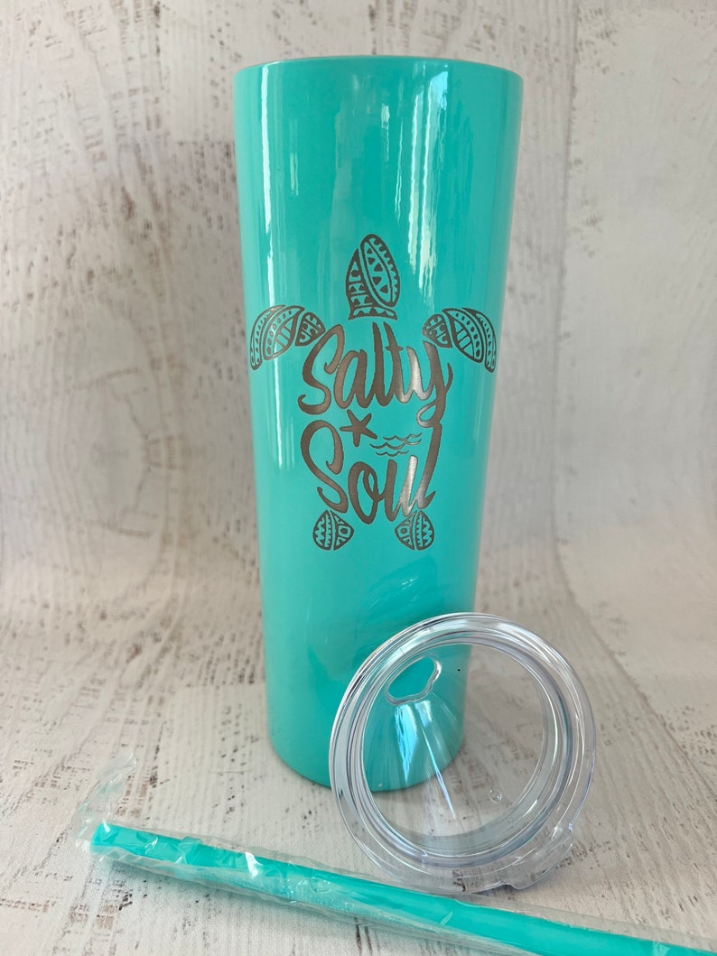 Salty Soul Tumbler with Lid and Straw, Turtle 20oz Insulated Skinny Stainless Steel Tumbler, Salty Soul Turtle Beach Wave Tumbler Starfish image 9