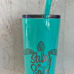 Salty Soul Tumbler with Lid and Straw, Turtle 20oz Insulated Skinny Stainless Steel Tumbler, Salty Soul Turtle Beach Wave Tumbler Starfish image 4