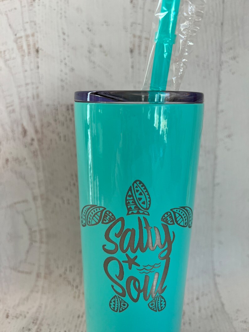 Salty Soul Tumbler with Lid and Straw, Turtle 20oz Insulated Skinny Stainless Steel Tumbler, Salty Soul Turtle Beach Wave Tumbler Starfish image 4