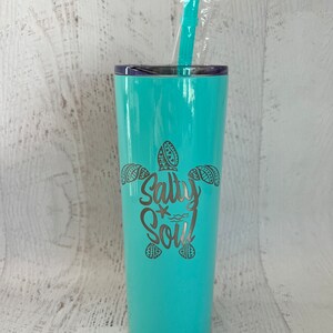 Salty Soul Tumbler with Lid and Straw, Turtle 20oz Insulated Skinny Stainless Steel Tumbler, Salty Soul Turtle Beach Wave Tumbler Starfish image 3