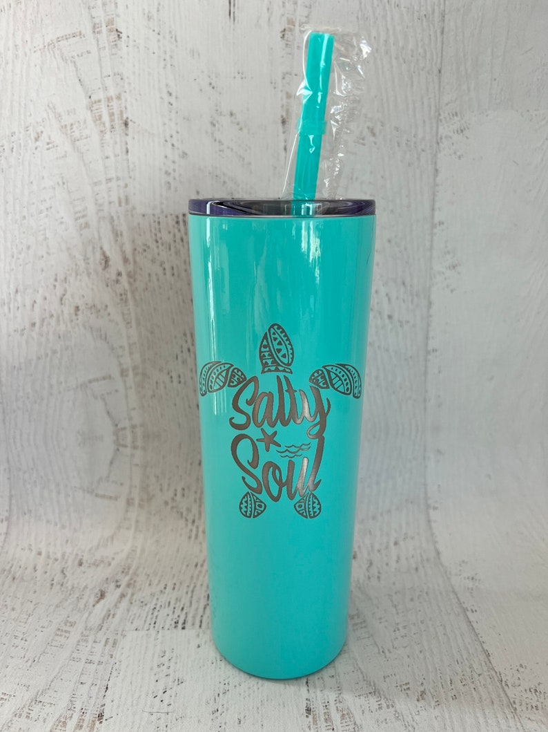 Salty Soul Tumbler with Lid and Straw, Turtle 20oz Insulated Skinny Stainless Steel Tumbler, Salty Soul Turtle Beach Wave Tumbler Starfish image 3