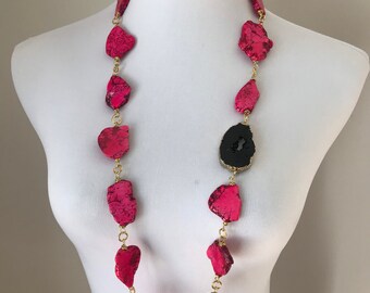 Pink, Black and Gold Agate Druzy Statement Necklace - Serena Van Der Woodsen Inspired Necklace - Gossip Girl Necklace - Boho Collection