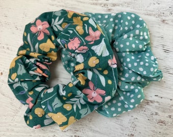 Teal Floral and Polka Dot Scrunchies - Spring Gift Pack of 2 Scrunchies, floral scrunchy, hair ties, hair scrunchy, gift ideas