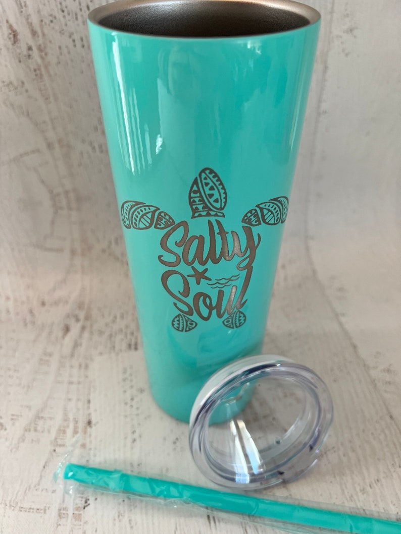 Salty Soul Tumbler with Lid and Straw, Turtle 20oz Insulated Skinny Stainless Steel Tumbler, Salty Soul Turtle Beach Wave Tumbler Starfish image 10