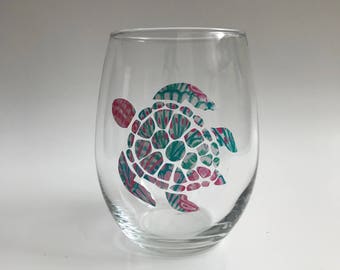 Sea Turtle Stemless Wine Glass - 15oz Stemless Wine Glass -  Sea Life Wine Glass