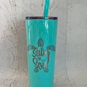 Salty Soul Tumbler with Lid and Straw, Turtle 20oz Insulated Skinny Stainless Steel Tumbler, Salty Soul Turtle Beach Wave Tumbler Starfish image 2