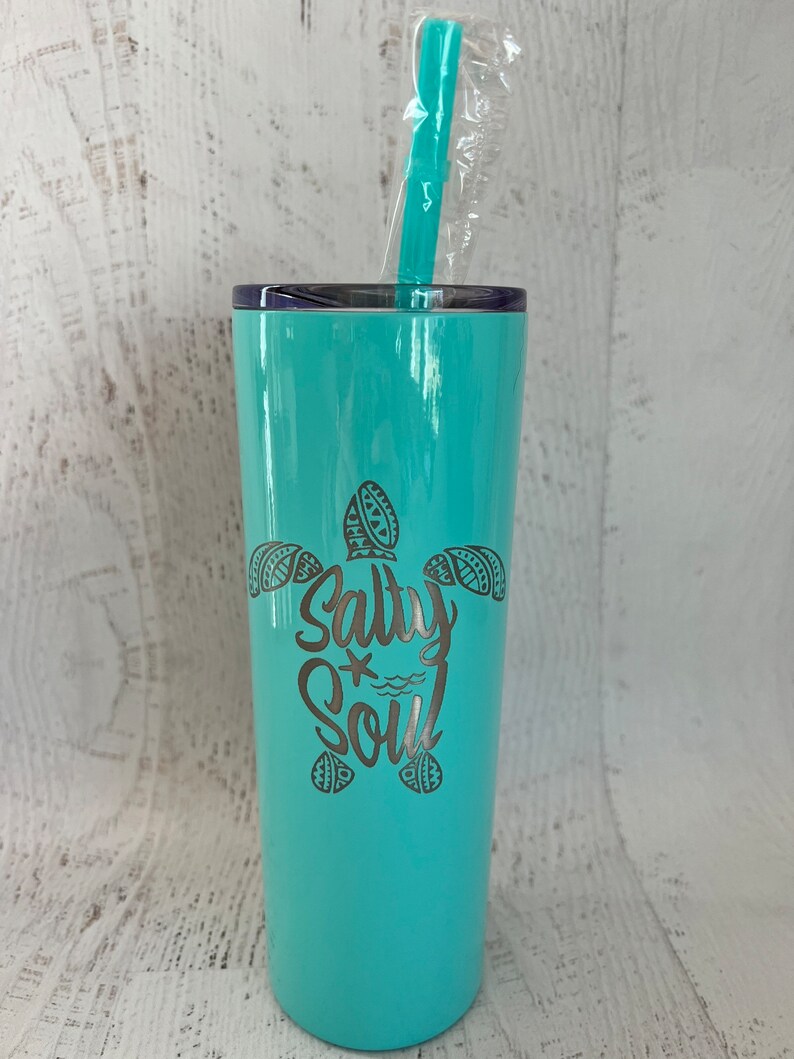 Salty Soul Tumbler with Lid and Straw, Turtle 20oz Insulated Skinny Stainless Steel Tumbler, Salty Soul Turtle Beach Wave Tumbler Starfish image 2